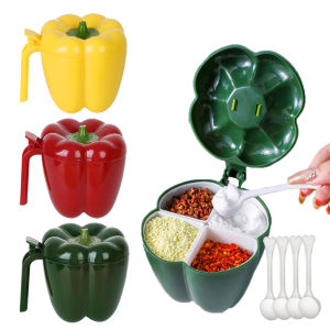 YESPERY 4 Grid Seasoning Box with Spoon Bell Pepper Shape Sealed Spice Jar Multi-Purpose Flavouring Storage Case Kitchen Accessories For Salt Sugars