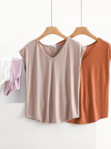 Tagkita Womens Modal Sleeveless T-Shirt V-Neck Thin Summer Casual Simple Vest Base Shirt round Hemline Comfortable Basic Top