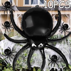 10pcs Halloween Giant Spider Aluminum Film Balloon Ball Black Inflatable Happy Halloween Party Decoration Prank Balloon Supplies
