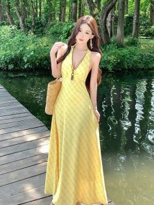 Romantic French V-Neck Hanging Neck Dress Womens Summer Holiday Gentle Long Dress No Brand Polyester Fiber Sleeveless Tour