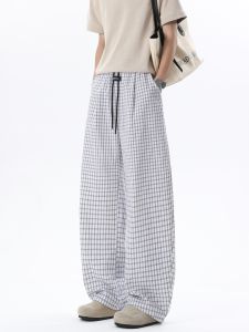 OULUDE | Vintage Plaid Bubble Gauze Loose Straight Leg Casual Pants