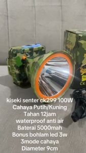 Kiseki Senter Kepala LED Super Terang Lithium CK 299 100Watt Cahaya Putih Tahan 12 Jam
