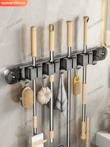 Bathroom Wall-Mounted Squeegee Holder Space Aluminum Broom Hook Storage Organizer No-Drill Suction Cup Mop Cloth Rack