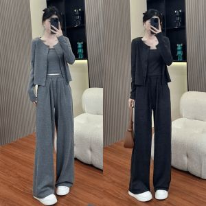 Loose Comfortable Womens Sporty Casual Set Three Pieces Long Sleeve Button round Neck Polyester Long Pants Cardigan