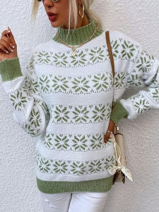 Loose Knitted Sweater Christmas Snowflake Pattern Half High Collar Autumn Winter New Style Casual Soft Polyester Womens Top