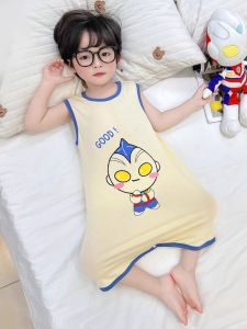 Boys Summer Thin Modal Pajamas Sleeveless Vest Jumpsuit Home Clothes Cartoon Print Moisture Wicking round Neck Pull over
