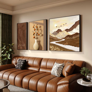 Chinese Landscape Decorative Painting Mid-Century Creamy Style Elegant Sofa Background Wall Art