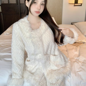 Moushi Coral Fleece Pajamas Womens Style Autumn Winter Thickened Long Sleeve Home Clothes Set Sweet Home Living Wear