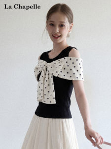 La Chapelle | Dots Bowknot Patchwork Short Sleeve Slimming T-Shirt