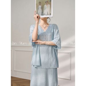 Bộ Áo & Váy Thun Xanh Dệt Kim Cổ V Thoáng Khí Rộng Rãi Có Hoa Văn