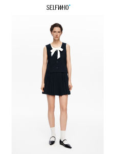 Contrast Bow U-Neck Sleeveless Tank Top Skirt Set