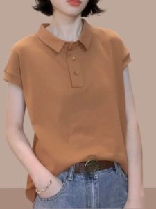 Elegant Pure Cotton Turn-down Collar Top Womens Summer Fashionable Versatile Mom T-shirt Korean Style Straight Cut Youthful