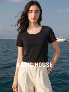 Basic House | Short Sleeve T-Shirt Black Short Simple Solid Round Neck Women Summer