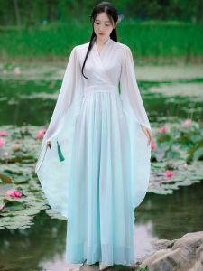 Chinoiserie Gradient Color Womens Hanfu Dress Long Waist-Cinching Skirt Spring Summer Fashion V-neck Midi Dress Tea Ceremony
