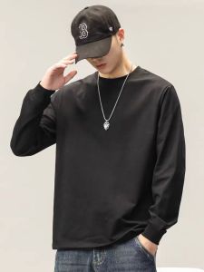 Loose Fit Long Sleeve round Neck Mens T-shirt Spring Autumn Pure Color Heavyweight Fashion Brand Inner Wear Base Shirt Tee