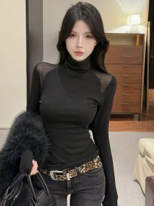 Slimming Effect Black High Collar Long Sleeve Fleece Lined Base Shirt Womens Fashionable Top Korean Style Commute Wear