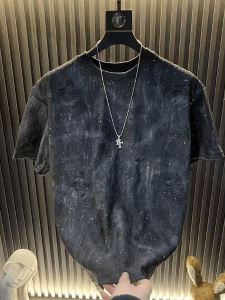 Áo Thun Nam Tay Ngắn Mùa Hè Thời Trang Lấp Lánh Kim Cương Lỗ Khoét Lỗ Màu Sắc Pha Trộn Cổ Tròn Thoáng Khí Thường Ngày