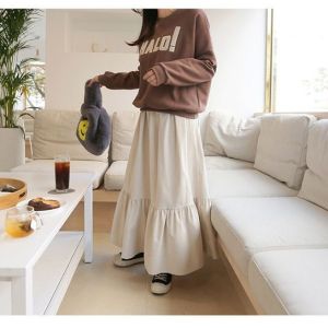 Corduroy Skirt Long Skirt Fall and Winter Womens Ruffles Fishtail High Waist Loose Slimming A- line Skirt Chubby Girl Elastic Waist