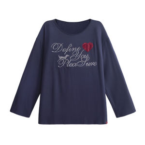 UNIFREE Long Sleeve Asymmetrical Shoulder T-Shirt American Spicy Girl English Rhinestone New Loose Cover up Top