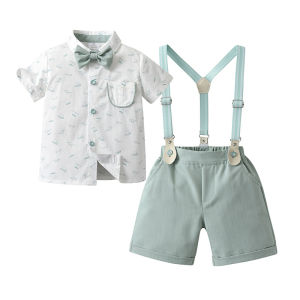 Lontakids ชุดเดรสเสื้อสูทสำหรับเด็กผู้ชายเสื้อเชิ้ตมีโบว์ผูก + กางเกงขาสั้นมีสายเอี๊ยม6เดือน-5ปี