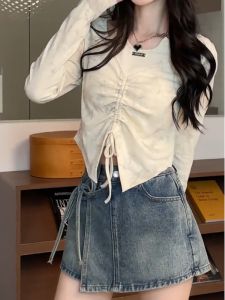 plus Size Autumn Short Drawstring Tie Dye Long Sleeve T-Shirt Womens Stylish Slimming Beautiful Neck Hanging Top