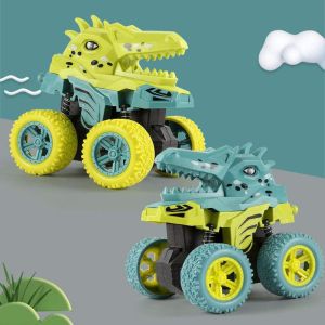 Dinosaur-themed four-wheel drive pull-back toy cars for kids featuring vibrant yellow and teal colors rugged tires and playful design.