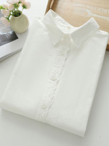 Simple Pure Color White Shirt Womens Long Sleeve Basic Style Turn-down Collar Underwear Top Cotton Material Autumn Season
