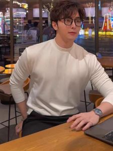 American Style Long Sleeve Half High Collar Mens T-shirt Comfortable Loose Base Shirt Trendy Mid-Neck Top for Youth