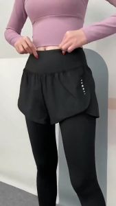 Celana 2 in 1 Olahraga Legging Wanita Pakaian High Waist Polos Bersepeda Yoga Running Sport Fitness