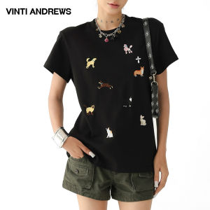 Retro Fun Embroidered Dog Short Sleeve Loose Round Neck T-shirt