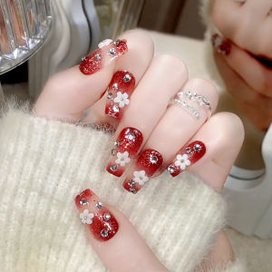 [Ready Stock]24pcs Fake Nails  New Years Flowers Nail Art With Glue
