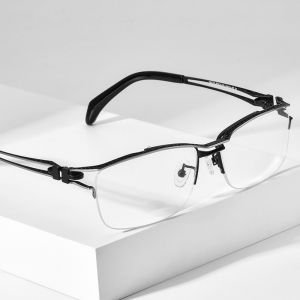 FONEX กรอบแว่นตาไททาเนียมแว่นสายตาแบบกึ่งสี่เหลี่ยมไม่มีขอบครึ่งขอบของญี่ปุ่นน้ำหนักเบากำหนดเองได้85770แว่นสายตา