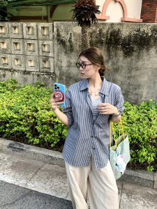 Summer Thin Sun Protection Long Sleeve Striped Shirt Womens Loose Fit Outerwear Orange Tree Stripe Slimming Versatile Top