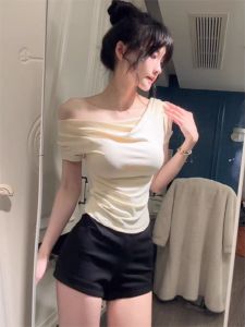 Áo Thun Tay Ngắn Ôm Vừa Vặn Kiểu Pháp Cho Nữ Mùa Hè Thiết Kế Ngọt Ngào Và Cay Nồng Xếp Ly Eo Nhỏ Đẹp Áo Thun Cổ Tròn