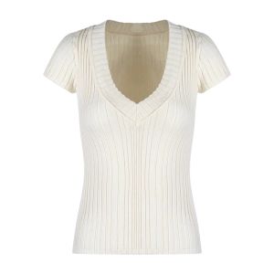 YUEZHONGWEI | เสื้อยืดแขนสั้นผ้าไหมน้ำแข็งคอวีสีชมพูสไตล์ย้อนยุคสไตล์อเมริกันสำหรับผู้หญิงในฤดูร้อน เสื้อผ้าทำงานคอตตอนทรงสลิมฟิต