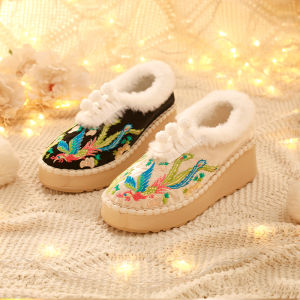 Giày Thêu Phong Cách Trung Hoa Mới Mùa Đông Đế Dày Lót Lông Cừu Đế Phẳng Cổ Điển Cài Nút Giày Vải Yunnan Giày Truyền Thống