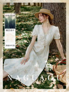 Elegant French Style V-Neck Short Sleeve Linen Dress Womens Long Dress Elastic Waist High Waist Embroidered Summer Dress