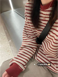Red Striped Sweater Casual Long Sleeve Inner Wear Base Shirt Loose Fit Comfortable Breathable round Neck T-Shirt for Women