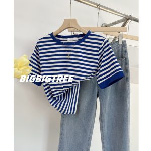 Blue Striped Short Sleeve T-Shirt Womens 2025 New Summer Navy Style High-End Feelings Shoulder-Length Super Beautiful Top