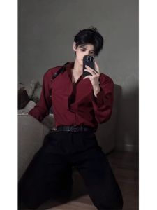 ZHUOCAN | Sober Elegant Dark Red Stylish Mens Long Sleeve Shirt