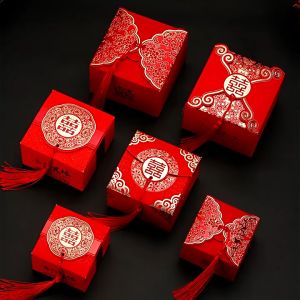 Hộp quà cưới ép kim vàng có dây tua rua đỏ nhiều mẫu/ Candy box đựng bánh kẹo bánh pía socola bánh cốm bánh phu thê sự kiện cưới hỏi tân gia khao thọ