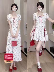 unifittoo | French White Floral Print Bubble Short Sleeve Dress Womens Fashion Summer New Style High Waist A-Line Midi Dress Sweet Style