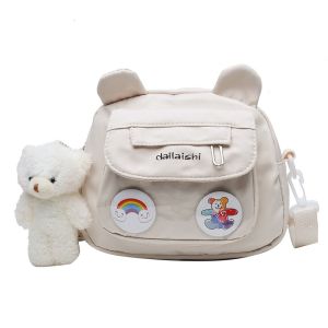 Cute Canvas Bear Bag for Women Student Trendy Ins Cartoon Heart Soft Sister Crossbody Bag Commuter Nylon Medium Size Shoulder Bag