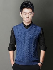 ROMON | Romon Mens Knitted Slim Fit V-neck Sweater Vest Fashionable Business Casual Autumn Wear For Middle-aged Men Pure Color