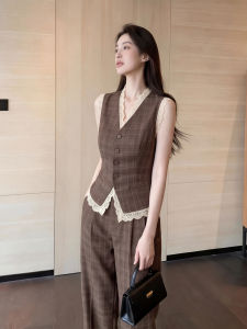 DANTING | Elegant Vintage Check Lace Vest and Pants Set