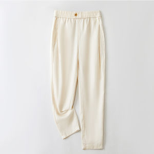 กางเกงขายาวทรงหลวมเอวสูงผ้าลินินผสมคอตตอนสำหรับผู้หญิงในช่วงฤดูร้อน กางเกงขายาวผ้าไหมน้ำแข็งทรงหลวม 9 จุด กางเกงขายาวทรงหลวมสำหรับผู้หญิง