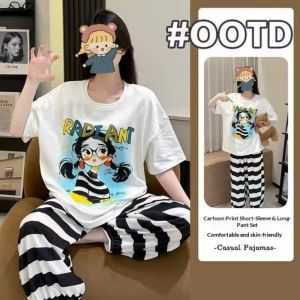 Womens Short Sleeved Long Pants Home Suit Summer New Cute Girl Cartoon Pullover Loose Lazy Style Home Suit Two-Piece Set