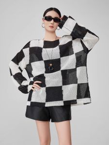 XIAODADEHUA | Black and White Gingham Colorblock Loose Breathable Leisure Style Knit Cardigan