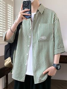 Summer Thin Stripe Short Sleeve Mens Casual Loose Fit Shirt Breathable Polyester Fiber Home Campus Daily Commuting Shopping