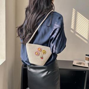 Summer Fresh Mini Bucket Bag Cotton Thread Crossbody Shoulder Bag Beach Vacation Womens Handbag Girls Floral Pattern